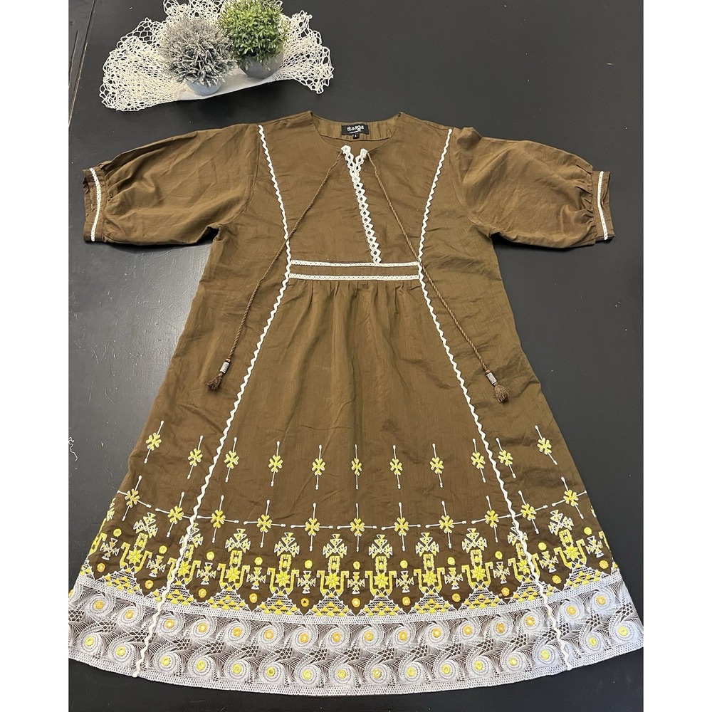 Taaga Maternity Brown Yellow Embroidery Boho Hippie Tunic Blouse Dress Sz L